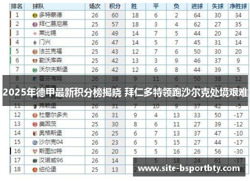 2025年德甲最新积分榜揭晓 拜仁多特领跑沙尔克处境艰难